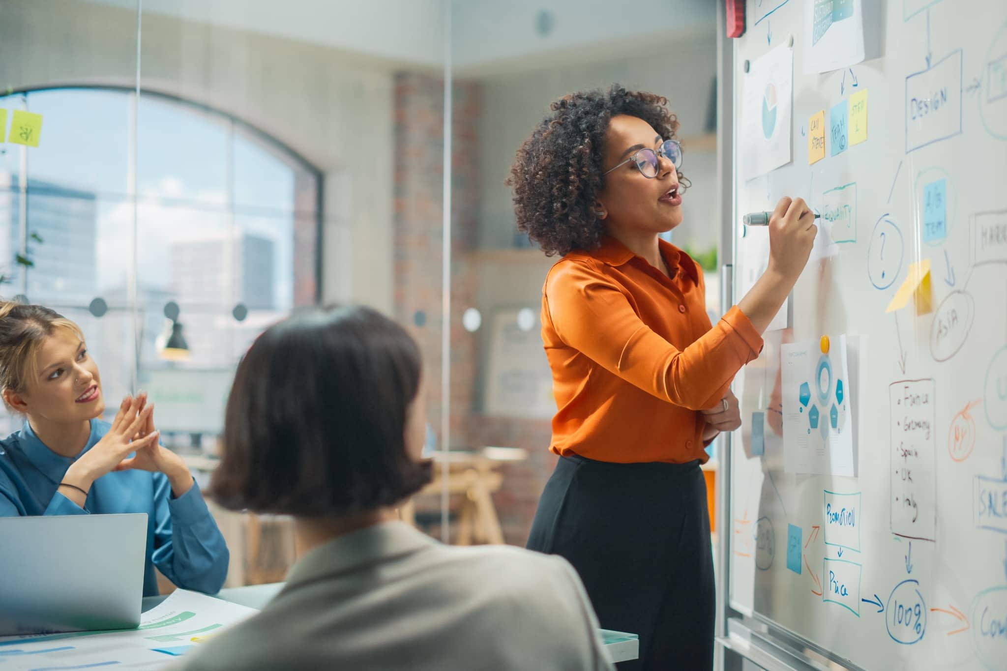 A woman writing on a whiteborad in front of co-workers - Pearson TalentLens