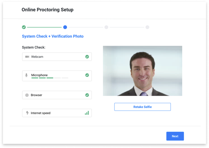 Product screen showing proctoring set up and system requirements check for audio, video, and identity.