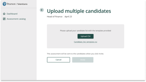 Invite candidates by entering their information or by uploading a CSV file.